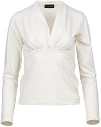 Conquista - Neutrals Off- Jersey Top With V-Neck Detail – Viscose Blend, Long Sleeve - Lyst