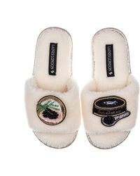 Laines London - Teddy Toweling Slipper Sliders With Caviar & Blini Brooches - Lyst