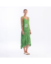 Haris Cotton - Printed Satin Maxi Dress With Straps And Ruffled Hem Peonies - Lyst