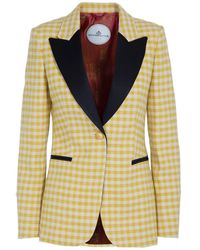 The Extreme Collection - Single Breasted Yellow Plaid Cotton Blend Blazer With Velvet Flaps Fiona - Lyst