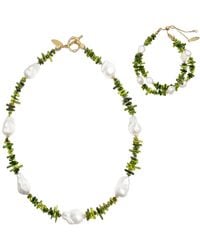 Farra - Bamboo Coral With Baroque Pearls Necklace And Double Layer Bracelet Jewelry Set - Lyst