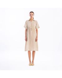 Haris Cotton - Neutrals Striped Linen Button Front Dress With Drawstring Waist Beach Sand - Lyst