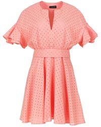 Conquista - Coral Embroidered Dress With Ruffle Sleeves - Lyst