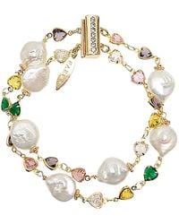 Farra - Colorful Zircon With Irregular Flat Baroque Pearls Double Layers Bracelet - Lyst
