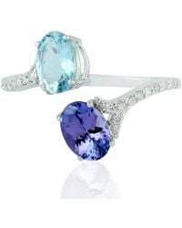 Artisan - Aquamarine Bypass Ring 18k White Gold Diamond Gemstone Handmade Jewelry - Lyst