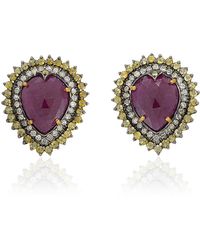 Artisan - Ruby Heart Shape Pave Colored Diamond Stud Earring With 18k Gold In 925 Sterling Silver - Lyst