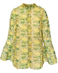 Haris Cotton - Printed Linen Gauze Shirt With Long Ruffled Sleeves - Lyst