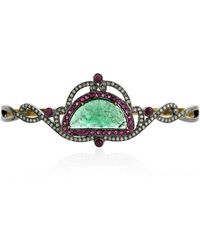 Artisan - Carved Emerald & Ruby Pave Diamond In 18k Gold With Silver Designer Palm Bracelet - Lyst
