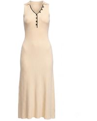 Tantra Spain Sl - Neutrals Long Sleeveless Pleated Knit Dress With Buttons, And Topstitching Detail - Lyst