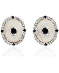 Artisan - 18k White Gold Mother Of Pearl Diamond Blue Sapphire Stud Earrings - Lyst