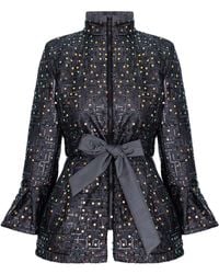 concept A trois - Short Quilted Anthracite Jacket With Fine Sequins With Collar And Drawstring - Lyst