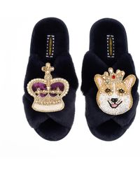 Laines London Classic Laines Slippers With Artisan Sandy The Corgi & Royal Crown Brooches - Blue