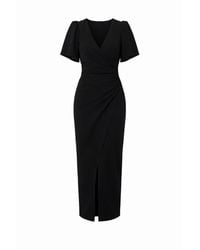 Girl In Mind - Freya Puff Sleeve Wrap Neck Ruched Midi - Lyst
