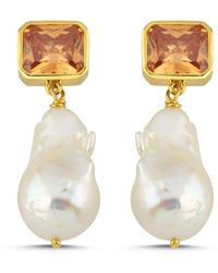 LINYA JEWELLERY - Champagne Crystal Stone Baroque Pearl Dangle Earrings - Lyst