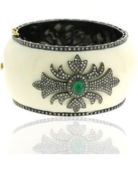 Artisan - Natural Diamond & Emerald With Enamel Vintage Look Bangle In 18k Gold 925 Silver - Lyst