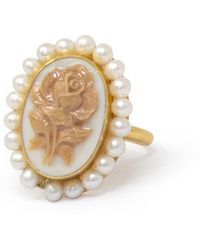 Vintouch Italy - Plated Flower Cameo And Pearl Stacking Ring - Lyst