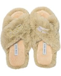 Yomisma - Neutrals Eco Faux Fur Slippers With Blessed & Angel Wing Brooches - Lyst