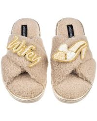 Laines London - Neutrals Neutral Boucle Slippers With Wifey & Wedding Heel Brooches - Lyst