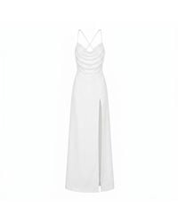 Nomi Fame - Aphrodite Draped Cowl Neck Evening Gown With Slit And Crossed Straps - Lyst