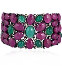 Artisan - 18k Gold & 925 Silver In Oval Cut Emerald With Ruby Pave Diamond Luxurious Bracelet - Lyst