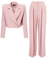 BLUZAT - Pastel Pink Suit With Cropped Blazer And Ultra Wide Leg Trousers - Lyst