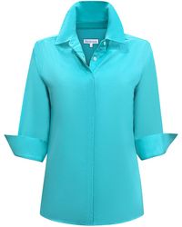 Perlavera - Cox Aqua Solid Cotton Satin Three Quarter Sleeve Length Slim Fit Shirt - Lyst