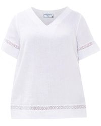 Haris Cotton - Guipure Lace Insert Linen Blouse With V Neck And Short Sleeve - Lyst
