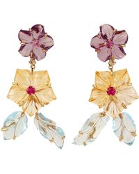 Artisan - 14k Gold With Carved Multi Gemstone In Flower & Leaf Beautiful Dangle Earrings - Lyst