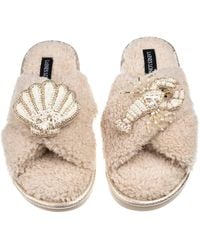Laines London - Neutrals Laines Neutral Boucle Slippers With Pearl Shell & Lobster Brooches - Lyst