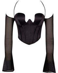 Miss Circle New York - Pixie Mesh Sleeve Halter Corset Satin Top - Lyst