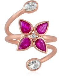 Artisan - Rose Cut Diamond Ruby 18k Rose Gold Flower Ring Jewelry - Lyst