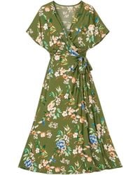 Yumi' - Sage Viscose Floral Print Midi Dress With Ruched Waist - Lyst