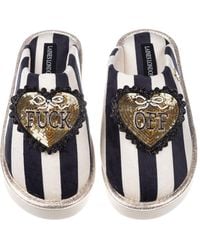 Laines London - Flatform Stripe Closed Toe Slippers With & Fuck Off Brooches - Lyst