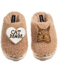 Laines London - Neutrals Teddy Closed Toe Slippers With Cat Mum/Mom & Maine Coon Cat Brooches - Lyst