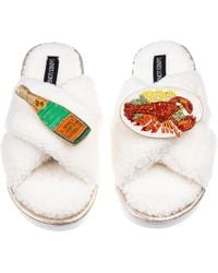 Laines London - Neutrals Laines Neutral Boucle Slippers With Lobster Platter & Champagne Bottle Brooches - Lyst