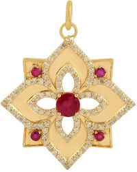 Artisan - 14k Yellow Gold In Pave Natural Ruby & Diamond Floral Designer Pendant - Lyst