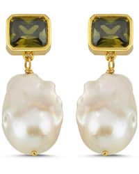 LINYA JEWELLERY - Khaki Crystal Stone Baroque Pearl Dangle Earrings - Lyst