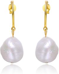 Genevive Jewelry - Sterling Silver Yellow Gold Plated With Baroque Oval White Pearl Dangle Drop C-hoop Earrings - Lyst