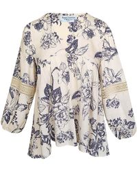 Haris Cotton - Printed Linen Blend Blouse With Ballon Sleeves And Lace - Lyst