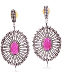 Artisan - Natural Ruby Dangle Earrings Pave Diamond 18k Gold 925 Sterling Silver Jewelry - Lyst