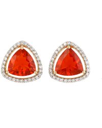Artisan - Trillion Cut Fire Opal With Halo Natural Diamond In 18k Solid Gold Stud Earrings - Lyst