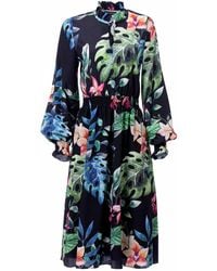 Carloslines - Front Neck Tie Smocked Waist Long Sleeve Midi Dress - Lyst
