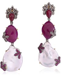 Artisan - 18k Gold & 925 Silver In Pearl With Ruby Pave Diamond Art Deco Style Dangle Earrings - Lyst