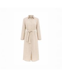 Haris Cotton - Neutrals Striped Linen Button Front Long Sleeved Shirtdress With Belt Beach Sand - Lyst