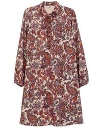 Niza - Neutrals Short Dress With Lapel Collar And Embroidery - Lyst