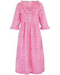 At Last - Cotton Karen 3/4 Sleeve Day Dress In Bubblegum Pink & White - Lyst