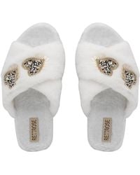 Rettrose - Neutrals Katie Cream Luxury Plush Diamanté Heart Embellished Handmade Slipper - Lyst