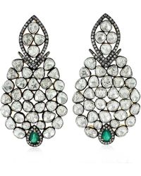 Artisan - 18k Gold & 925 Silver In Uncut Natural Diamond With Emerald Victorian Dangle Earrings - Lyst