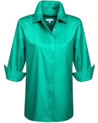 Perlavera - Cely Solid Cotton Satin Three Quarter Sleeve Length Missy Fit Shirt - Lyst