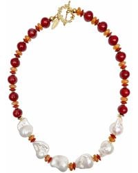 Farra - Bamboo Coral With Baroque Pearls Statement Necklace - Lyst